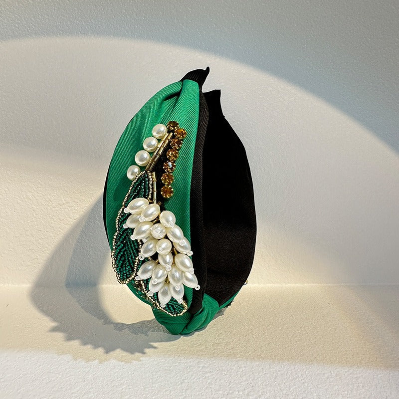 Handmade wide edge knotted fabric flower headband with diamond hair accessories