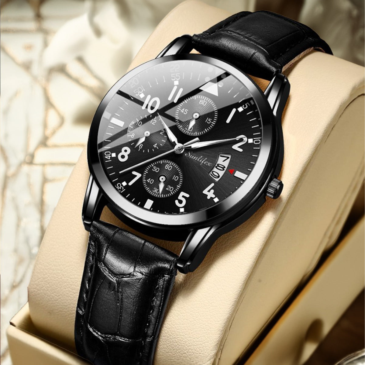 New Men's Watch Student Men's Night Light Waterproof Sports Leather Strap Black Quartz Watch