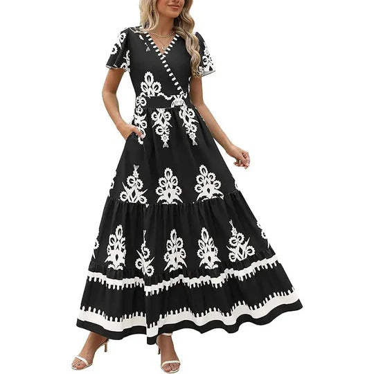 V-neck printed short sleeved dress for women