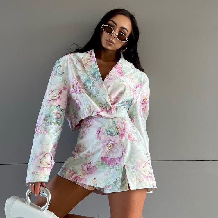 European and American fashion loose suit skirt two-piece set long sleeved lapel top printed high waisted short skirt