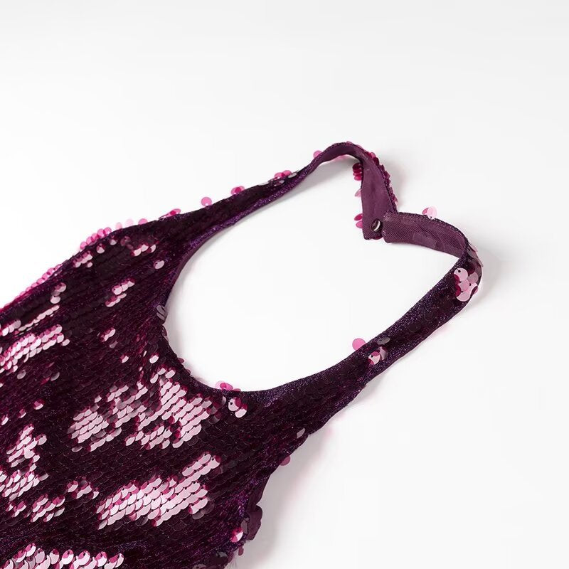 French sexy backless sequin design hanging neck dress