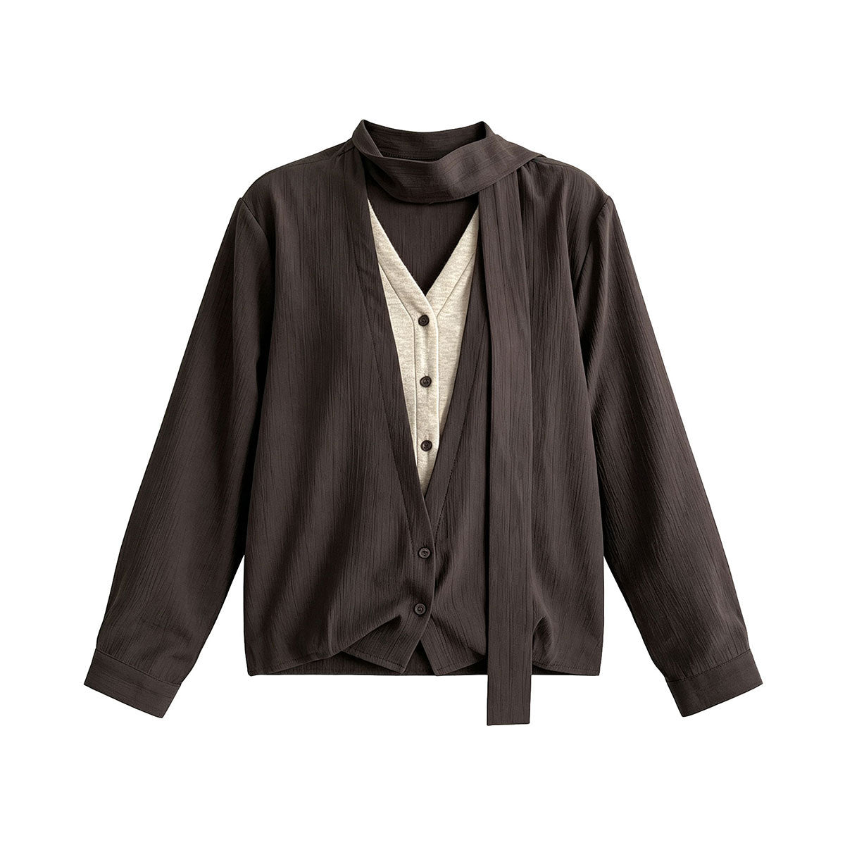 Tie-Neck False Two-Piece V-Neck Blouse for Women  Relaxed Design Ribbon Long Sleeve Top