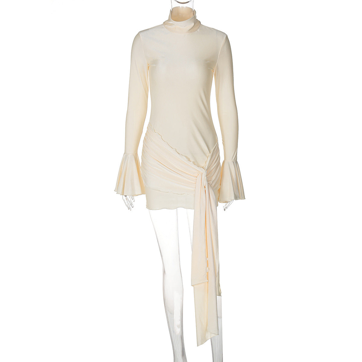 Autumn new solid color semi high neck flared sleeve sexy tight fitting hip hugging skirt