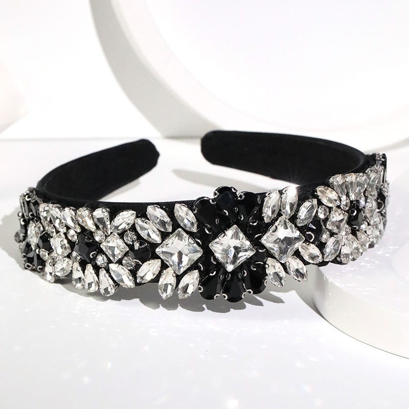 Fashionable Heavy Industry Set Colorful Water Diamond Hair Hoops for Women's Retro Palace Style Super Sparkling Baroque Wide Edg