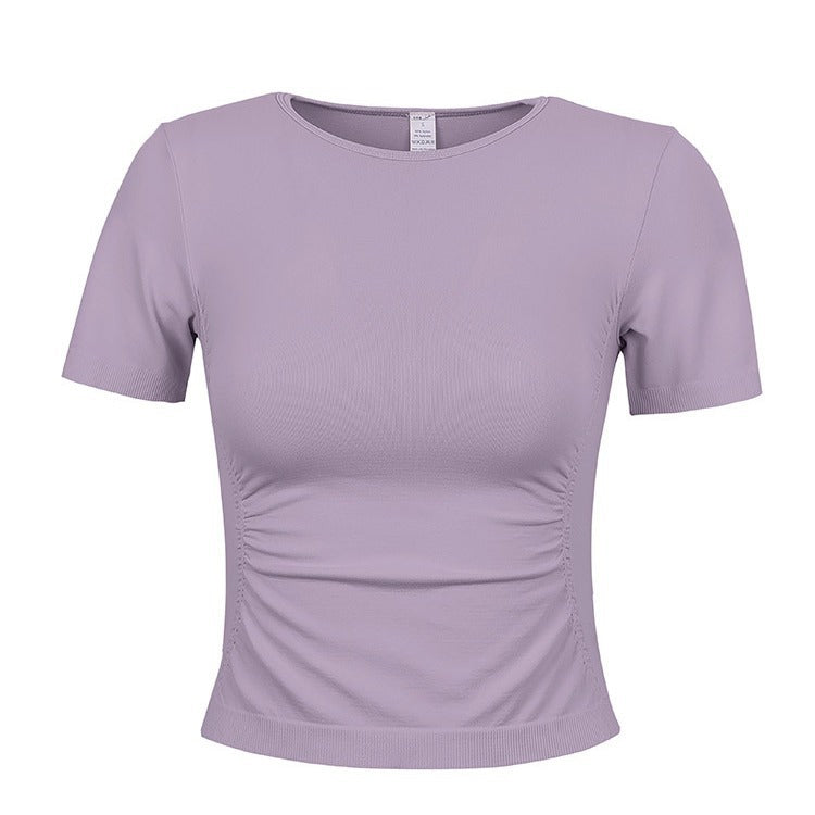 Sporty Women's Quick-Dry Short Sleeve T-Shirt Round Neck Casual Pleated Fitness Top