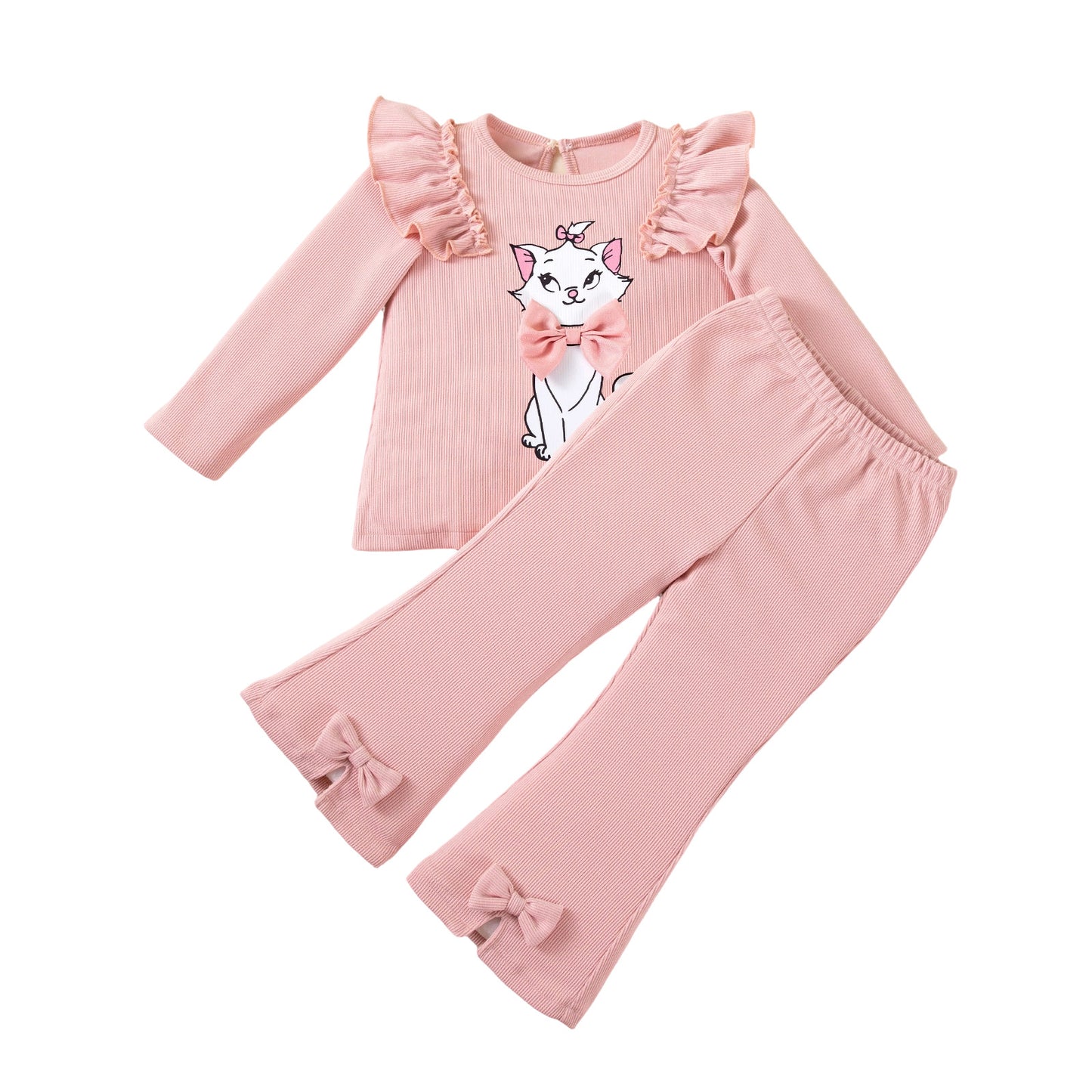 Casual Style Solid Color Elastic Long Sleeve T-Shirt and Flared Pants Two-Piece Set for Girls