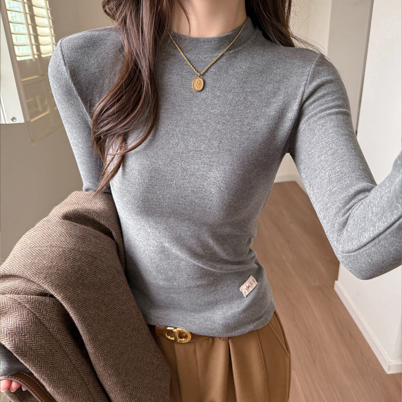 Retro Long Sleeve Inner Top for Women, Autumn and Spring, Round Neck, High-Quality Brushed Fabric, Slim Fit, Elegant Basic Shirt