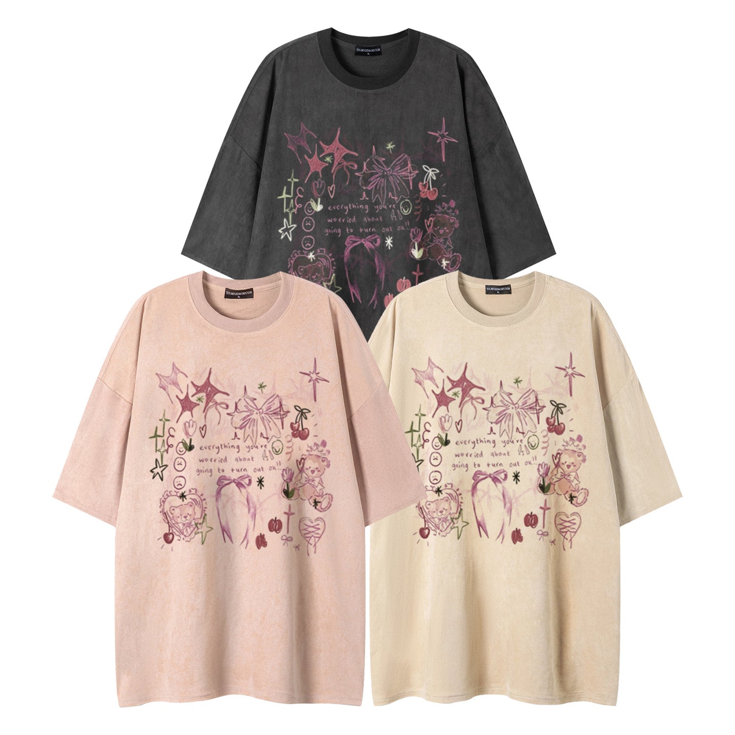 Graffiti teddy bear printed short sleeved shirt