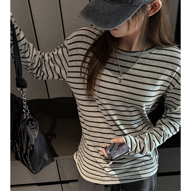 Striped cotton long sleeve T-shirt for women, loose casual high-end feel, round neck, lazy style, inner layer, can be worn outside