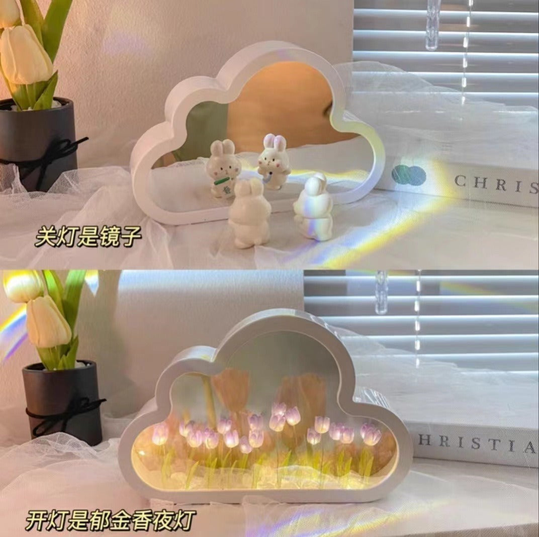 DIY Cloud Tulip LED Night Light Girl Bedroom Ornaments Creative Photo Frame Mirrored Table Lamps Bedside Handmade Birthday Gifts