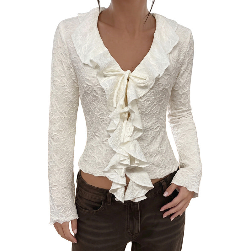 Solid color V-neck mushroom edge slim fit long sleeved slim fit t-shirt