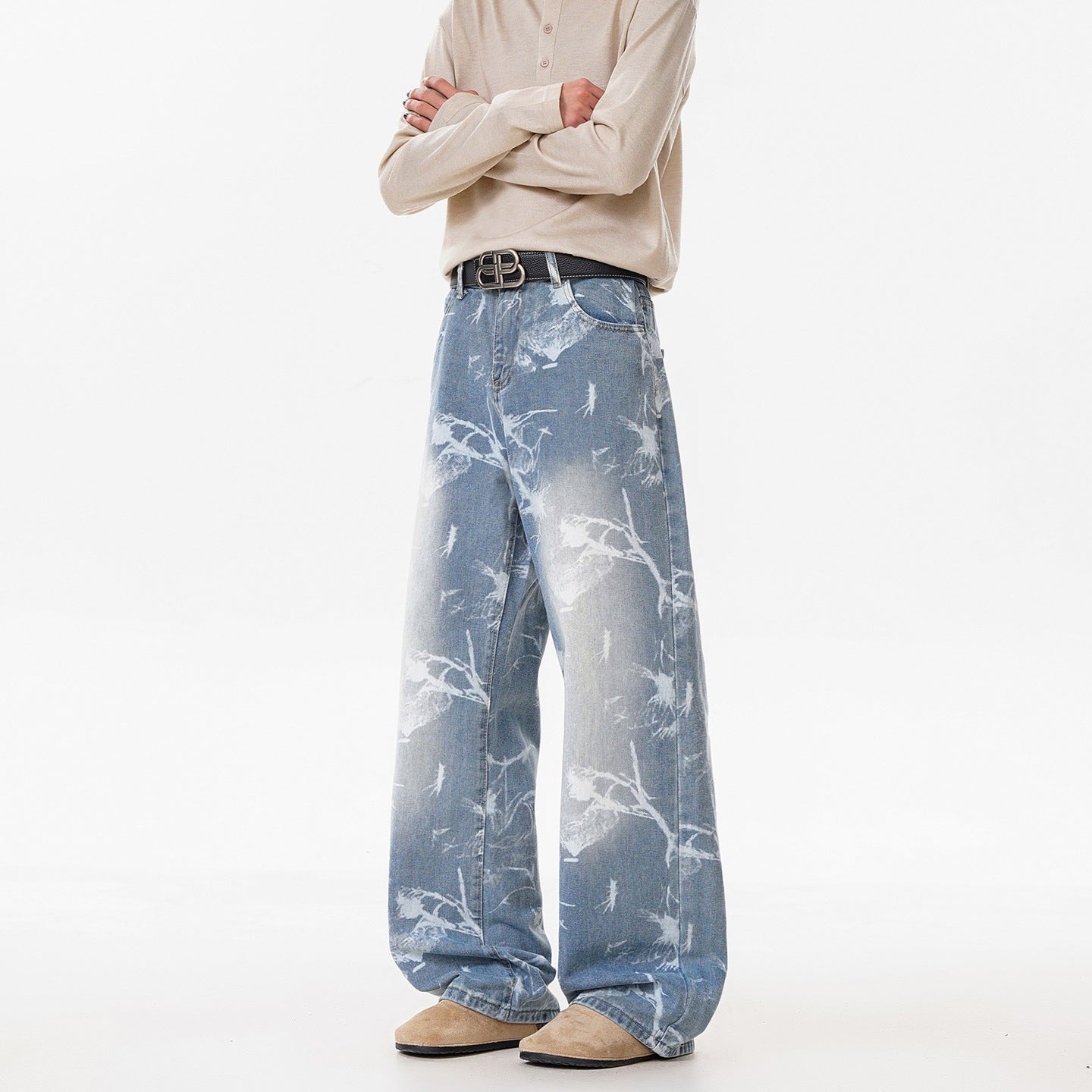 Deep Blue Denim Pants Men's Streetwear Style Flared Knife Cut Trousers