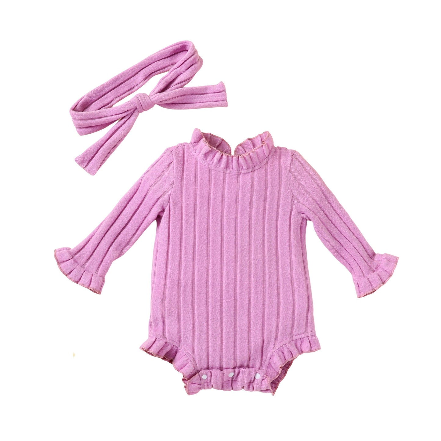 Kids Autumn/Winter New Girls' Long Sleeve Bodysuit Solid Color Ribbed Onesie with Headband Set