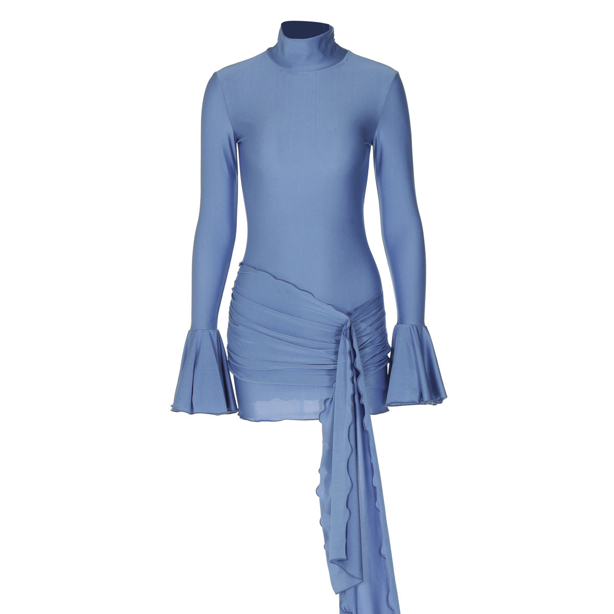Autumn new solid color semi high neck flared sleeve sexy tight fitting hip hugging skirt
