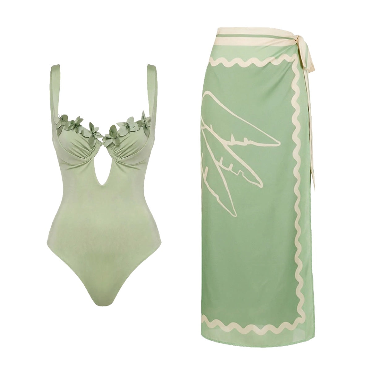 3D Floral Two-Piece Swimsuit for Women, Light Green, Tummy Control, Slimming Bathing Suit, Resort Wear