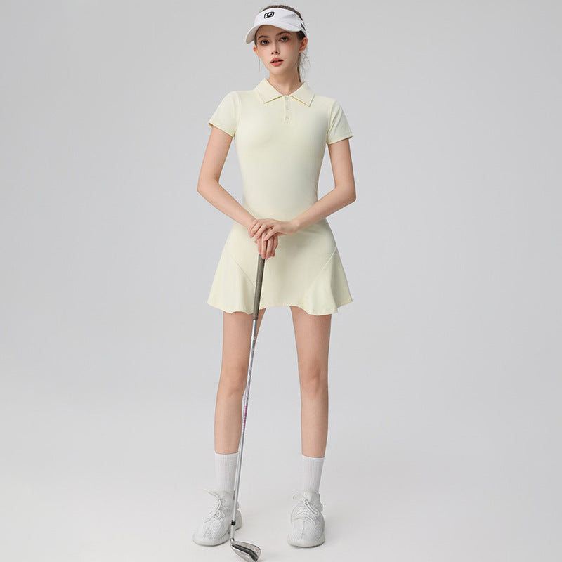 Elegant and Stylish Golf-Specific Polo Neck Dress with Short Sleeves, Summer Nylon Shaping High-End Fitness Skirt