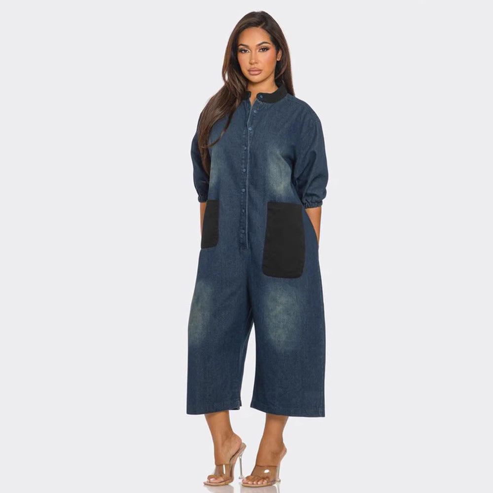 Style Patchwork Color-Blocking Large Pocket Wide-Leg Jumpsuit