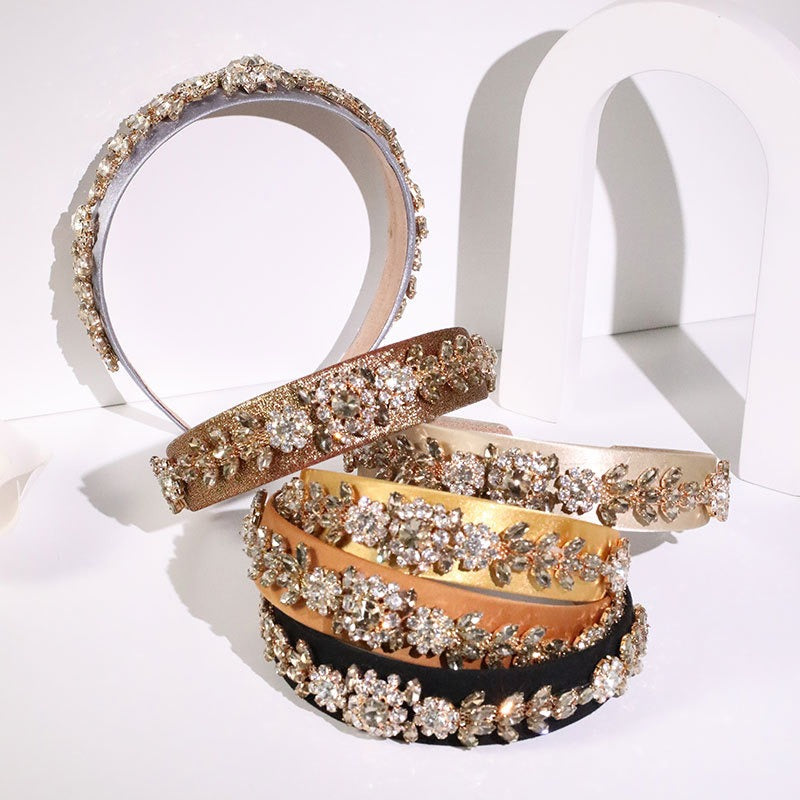 Super Sparkling Baroque Crystal Flower Headband Gold Velvet Retro Headband