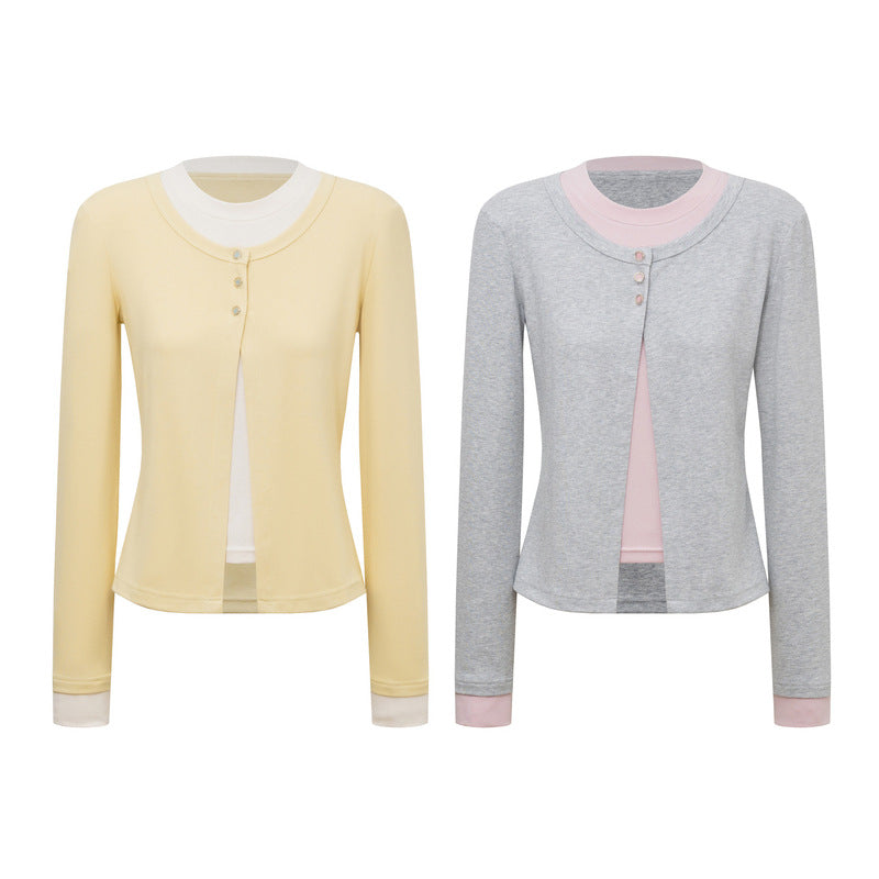 Color blocking fake two-piece long sleeved top