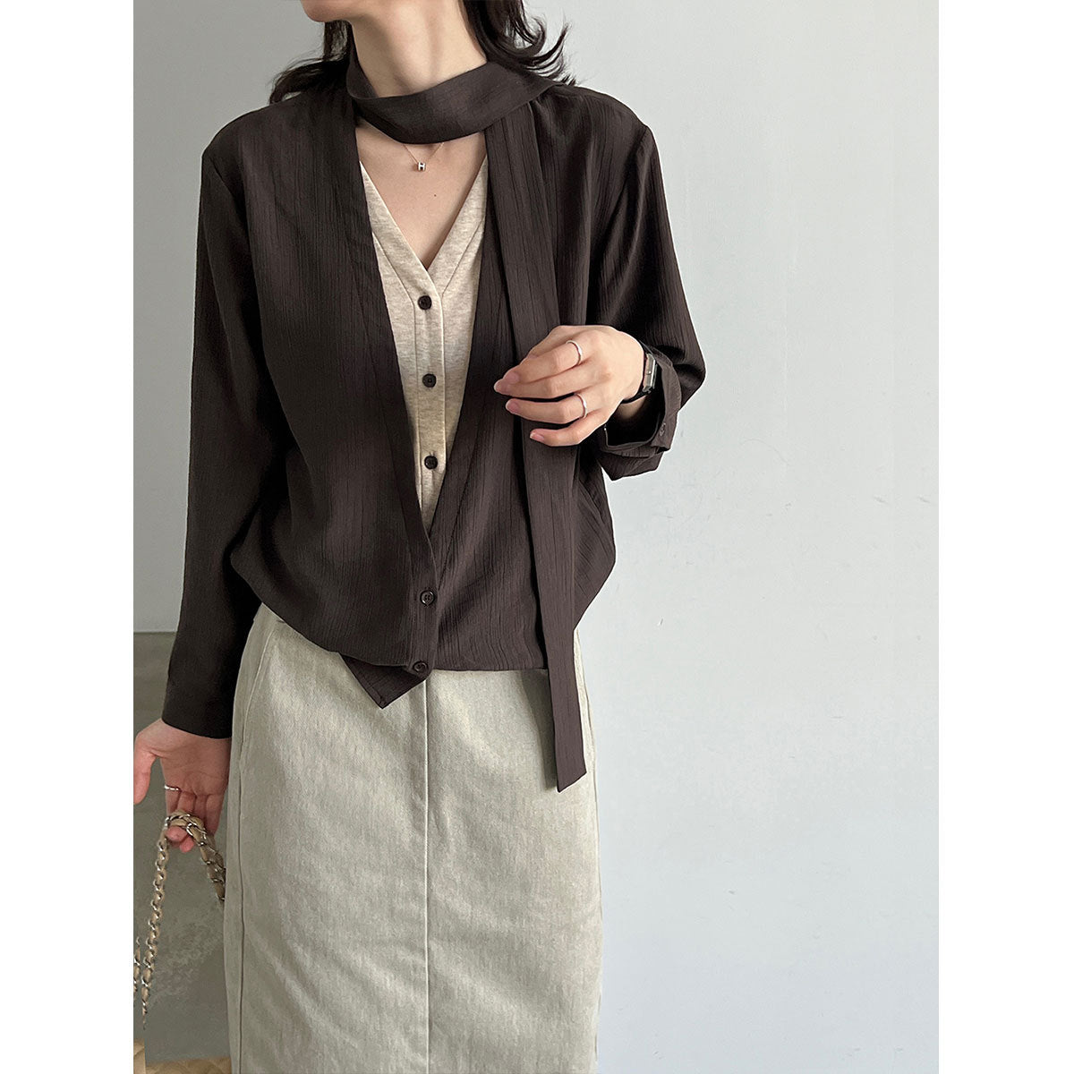 Tie-Neck False Two-Piece V-Neck Blouse for Women  Relaxed Design Ribbon Long Sleeve Top