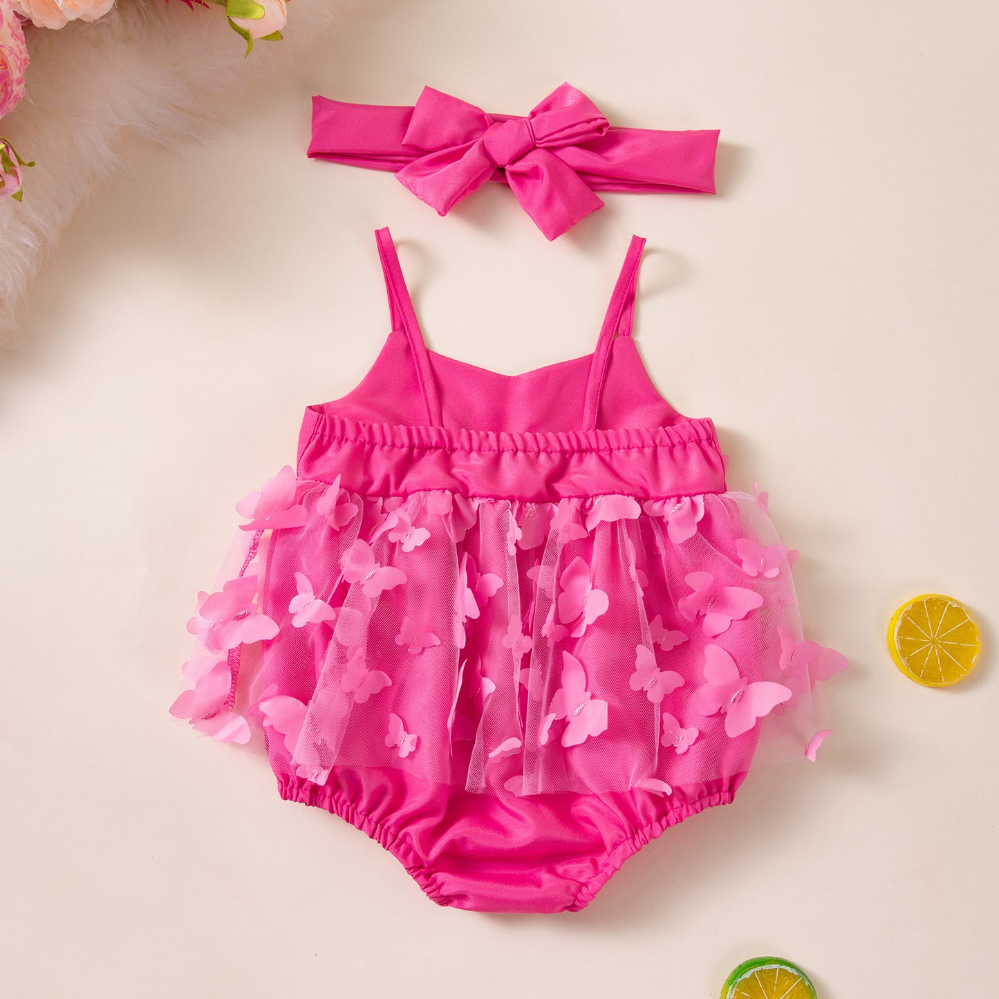 Summer Baby Romper with Bow, Pink Mesh Bodysuit with Hair Accessory for Girls
