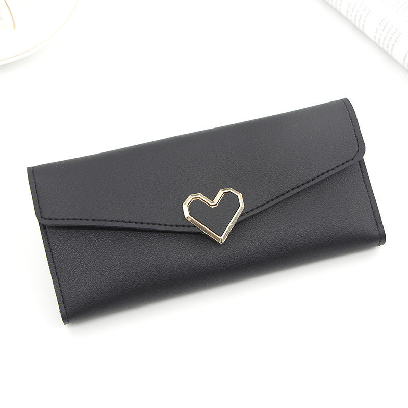 Long plain heart-shaped leather wallet with multiple card slots buckle wallet large capacity hand-held bag