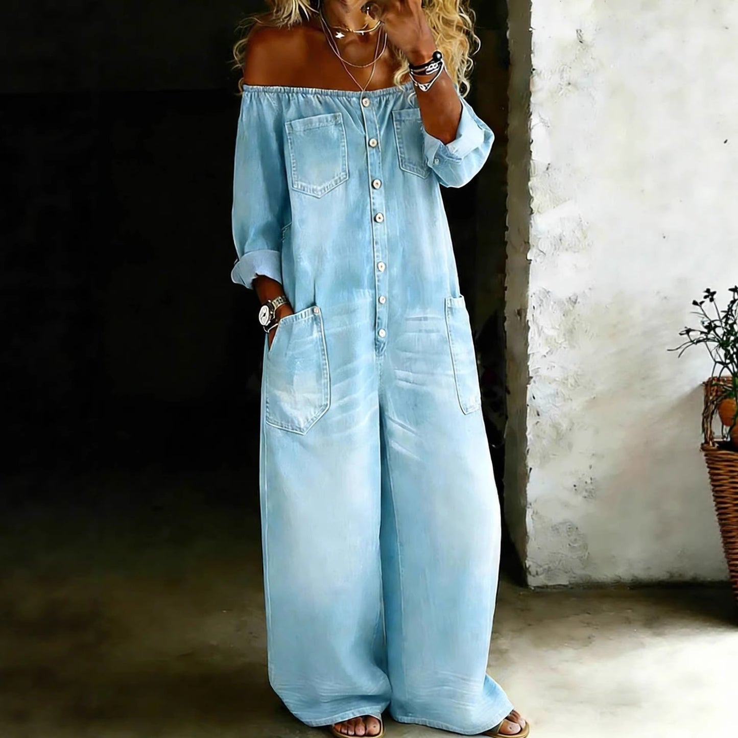 Single-Breasted Off-Shoulder Washed Overalls for Women