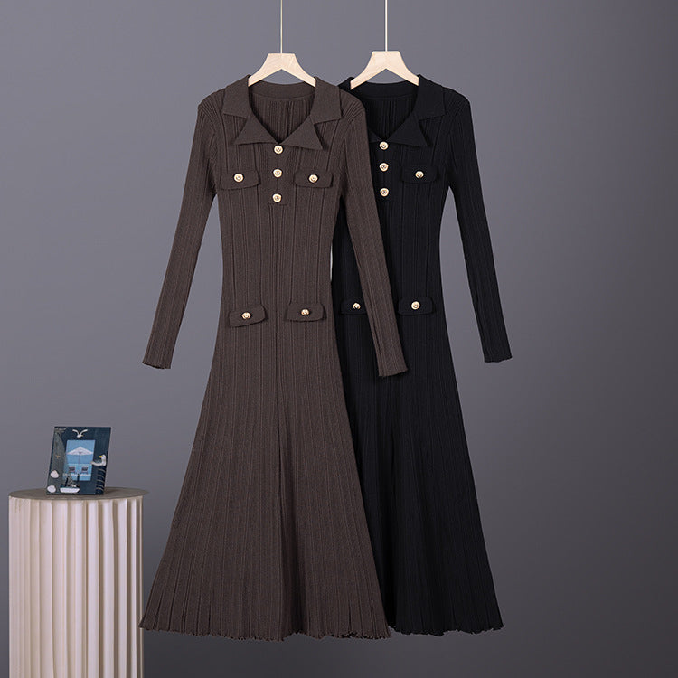 Knit Polo Neck Flared Midi Dress for Women