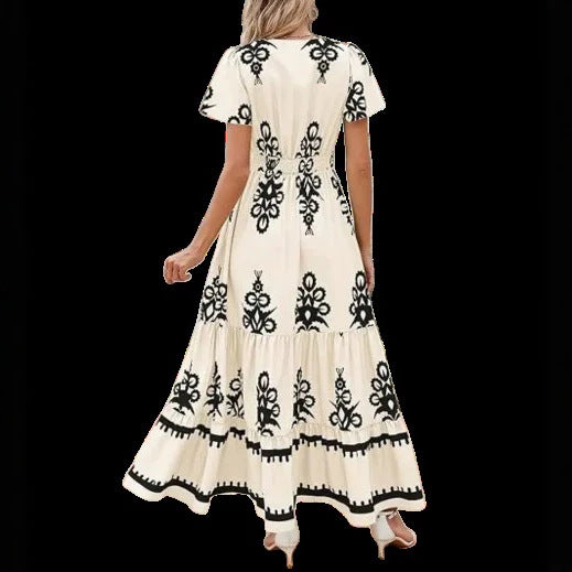 V-neck printed short sleeved dress for women