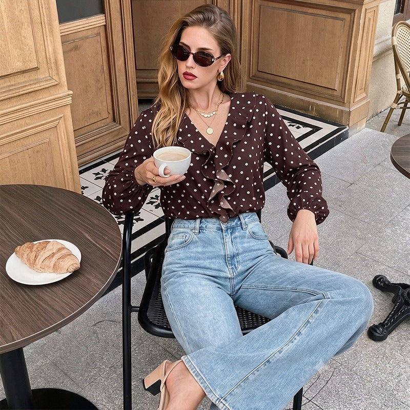 V-neck polka dot long sleeved jumpsuit