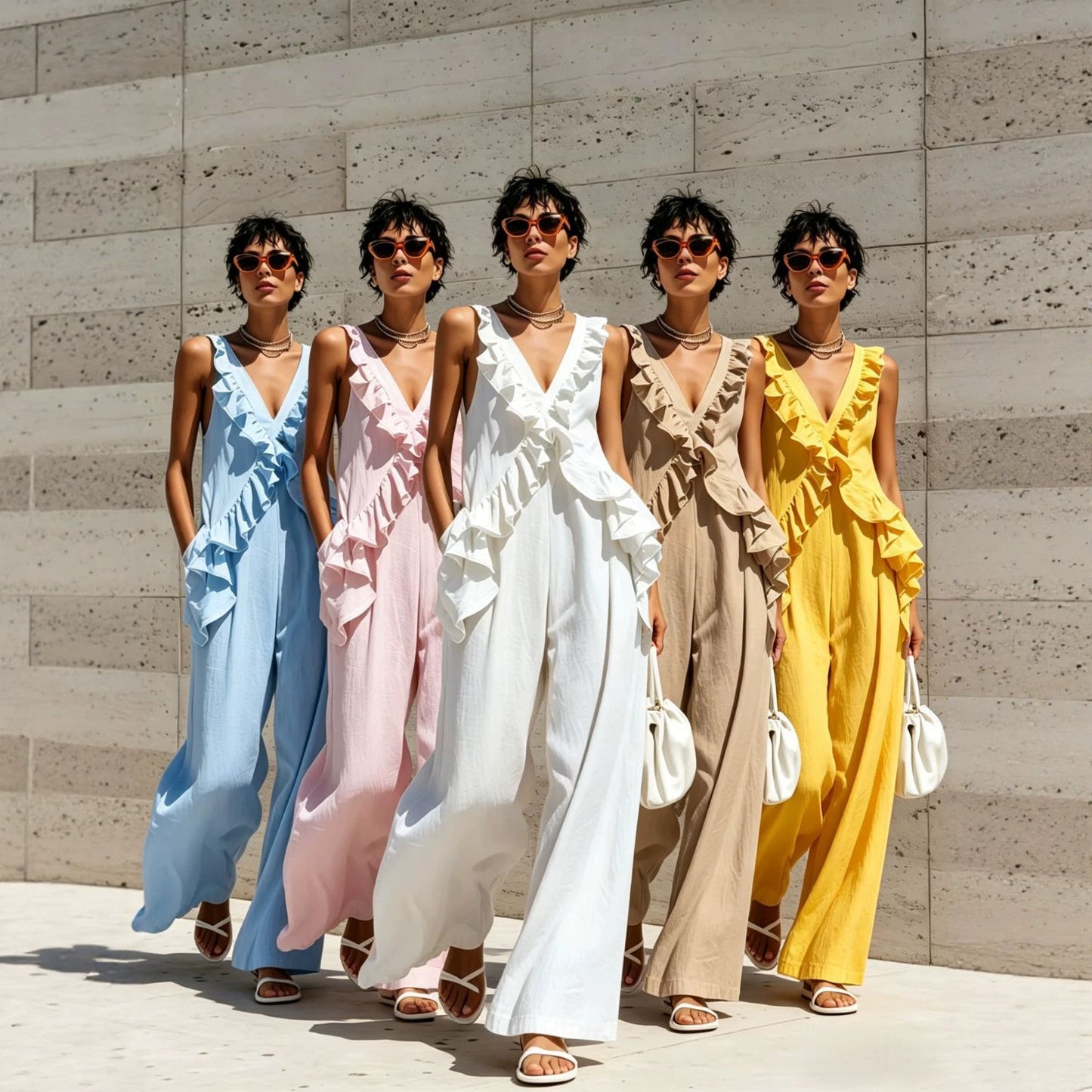 Casual Vacation Style Women's Sleeveless V-Neck Solid Color Jumpsuit