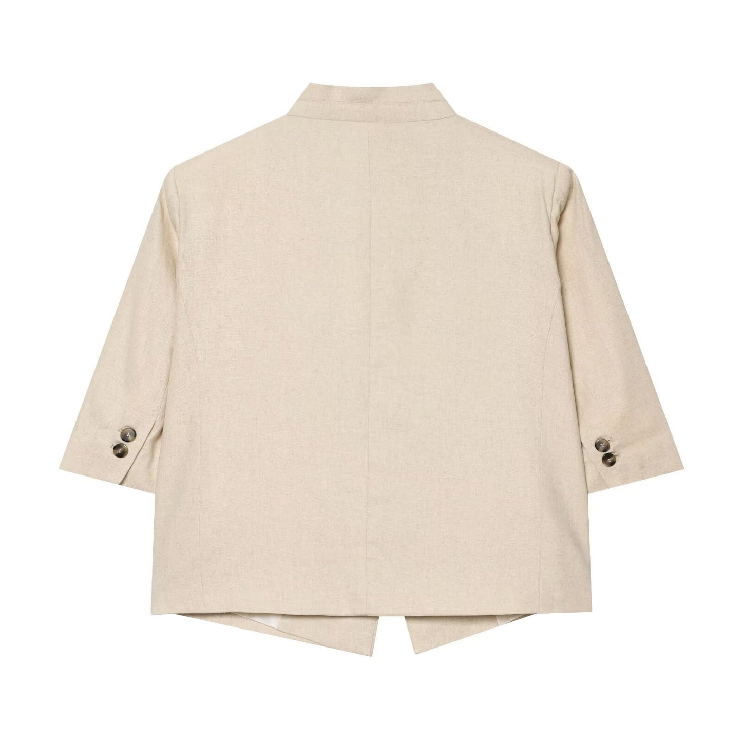 Stand collar linen blend short sleeved suit jacket