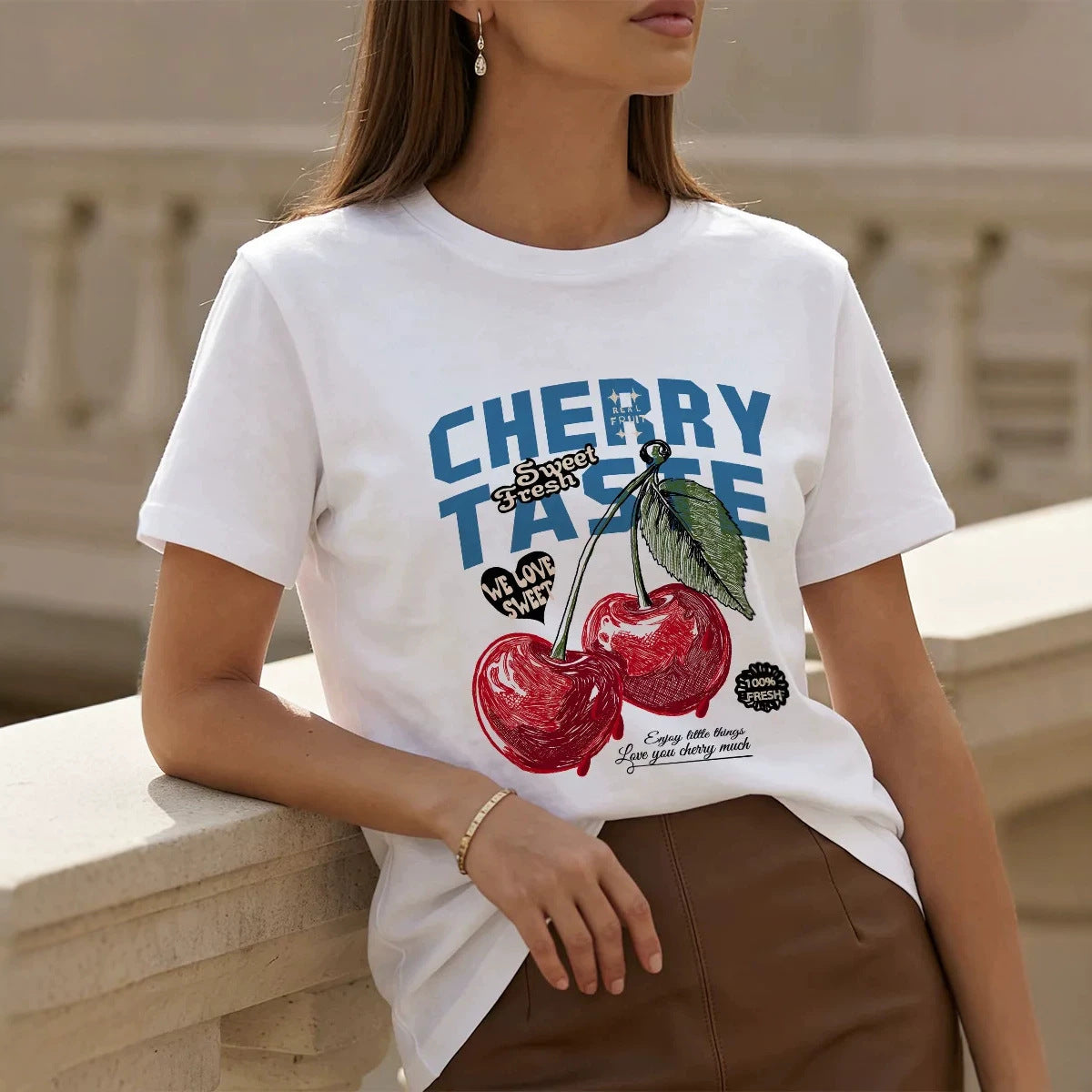 Cherry letter printed pure cotton T-shirt