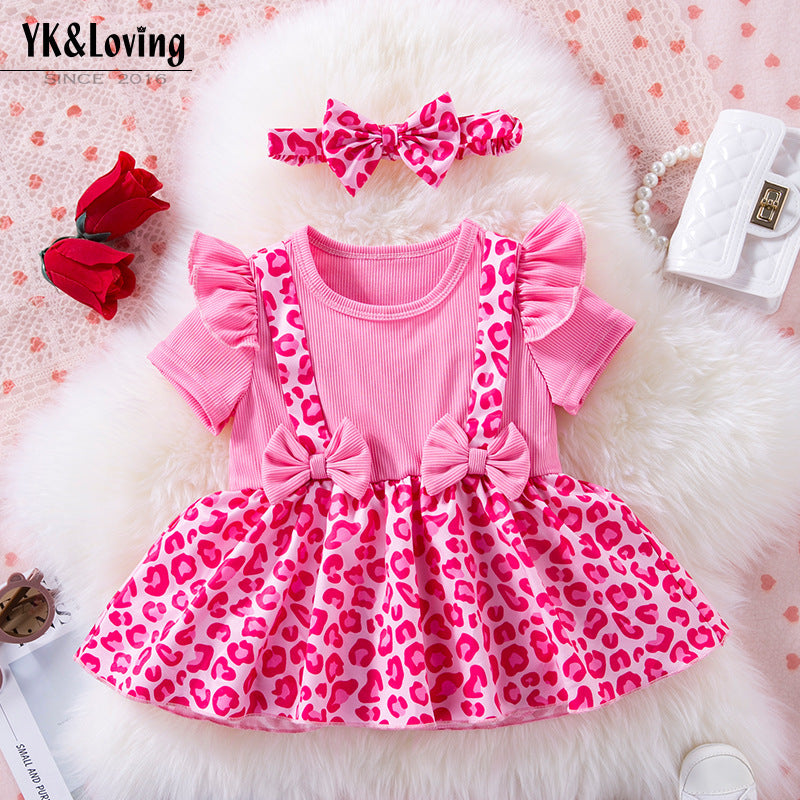 Baby Summer Outfit Girl Leopard Print Spliced Romper Dress with Bow Hairband Two-Piece Set Baby First Birthday Photo Princess Costume