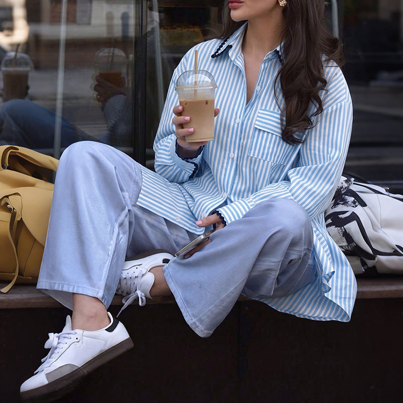 Stripe contrasting color wrapped loose fitting shirt for women