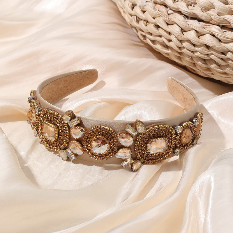 Fashion heavy handmade glass inlaid diamond wide edge sponge full diamond women's headband headwear