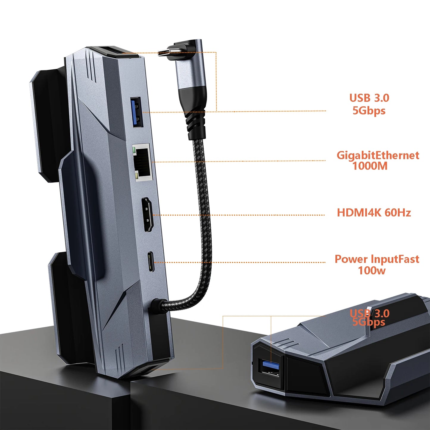 Steam Deck Dock 6 in 1 Steam Deck Rog Ally Docking Station Stand Accessories 3*USB 3.0 HDMI 4K@60Hz Gigabit Ethernet PD 100W Hub