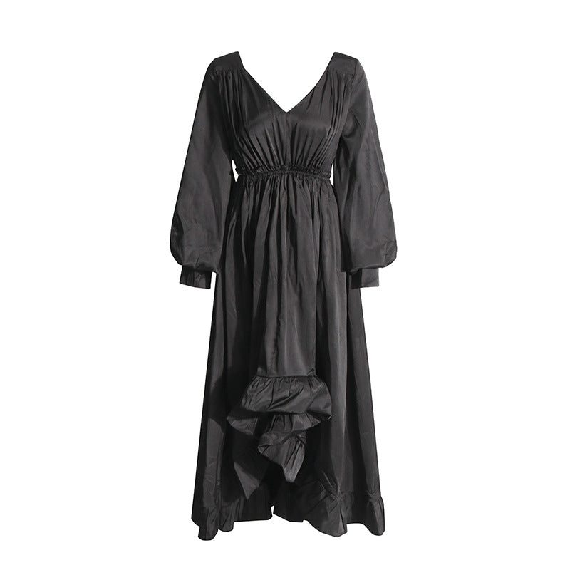 Fashionable and elegant style, deep V-neck lantern sleeves, pleated lotus leaf edge length dress for women