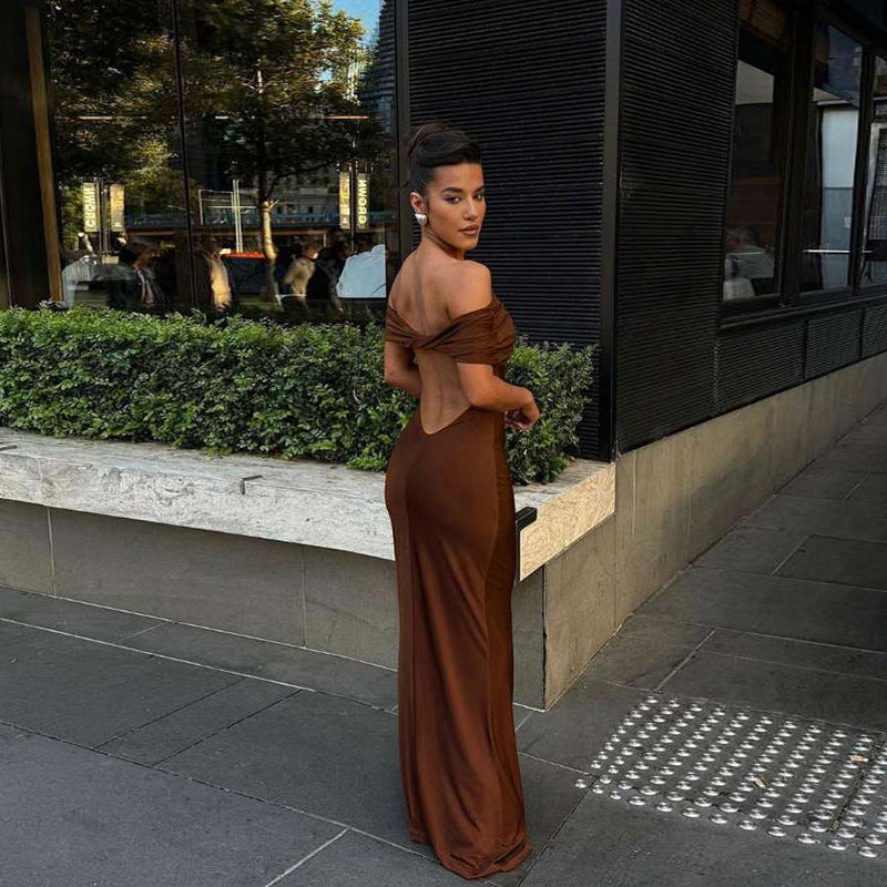 European and American style spring and summer women's clothing new one shoulder exposed backpack buttocks sexy long skirt dress
