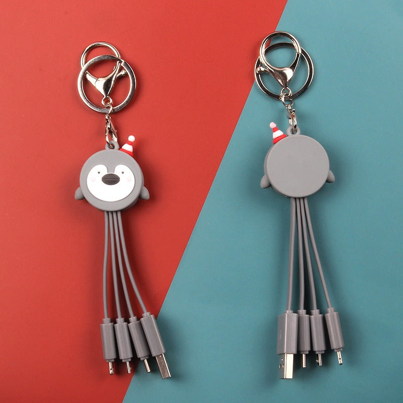 Christmas 3-in-1 Data Cable Creative Cartoon Multi functional Portable Keychain Santa Charging Cable