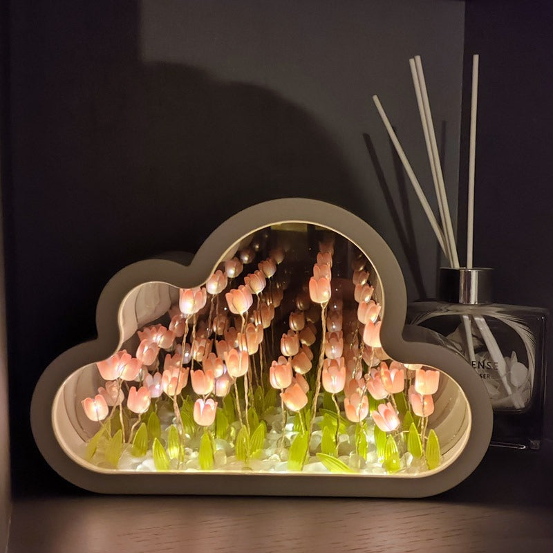 DIY Cloud Tulip LED Night Light Girl Bedroom Ornaments Creative Photo Frame Mirrored Table Lamps Bedside Handmade Birthday Gifts
