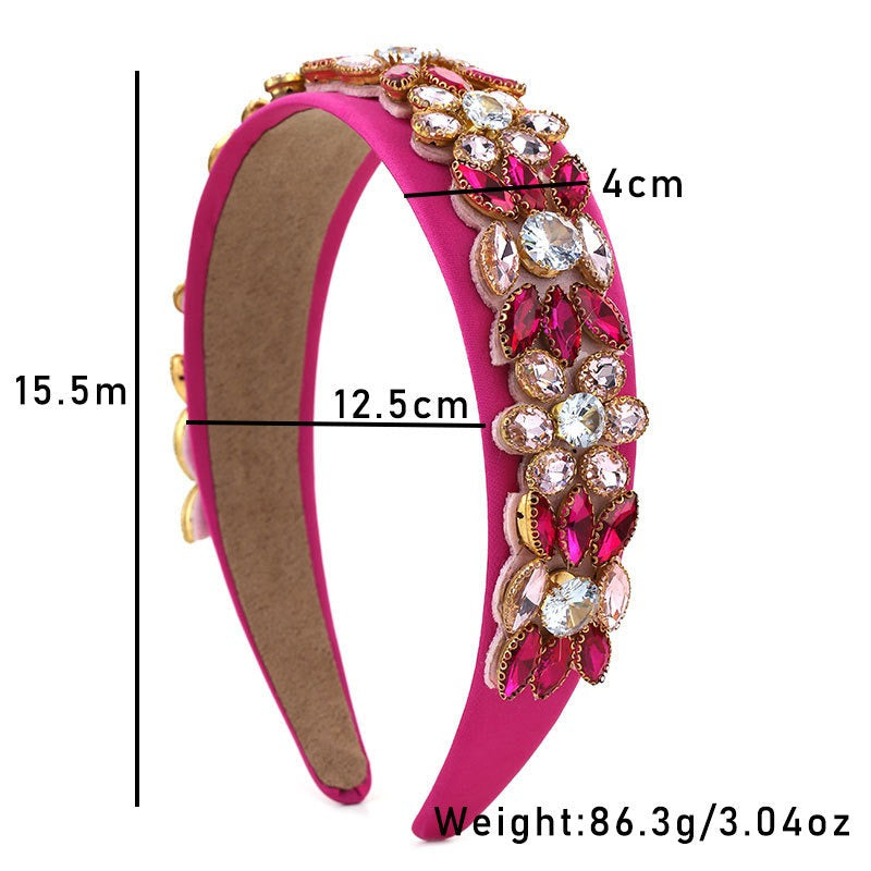 Personalized Diamond Flower Women Baroque Fabric Wide Edge Headband