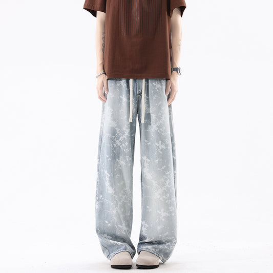 Leather Rayon Denim Pants Men Printed Casual Pants Men Trendy Vintage Retro Long Pants