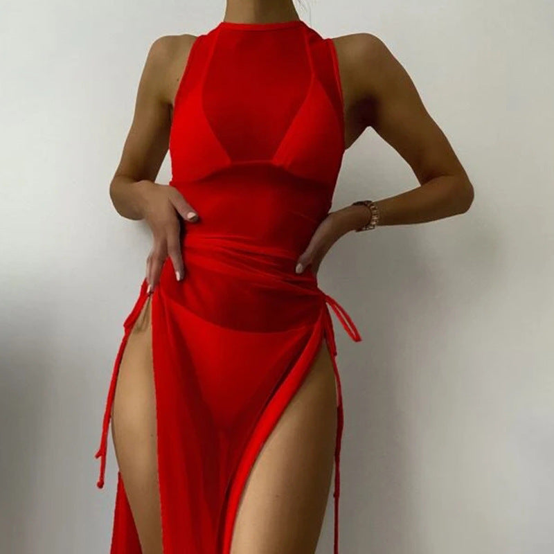 Bikini Swimwear Set, Solid Color Long Dress, Sexy Three-Piece Separated Swimsuit for Women