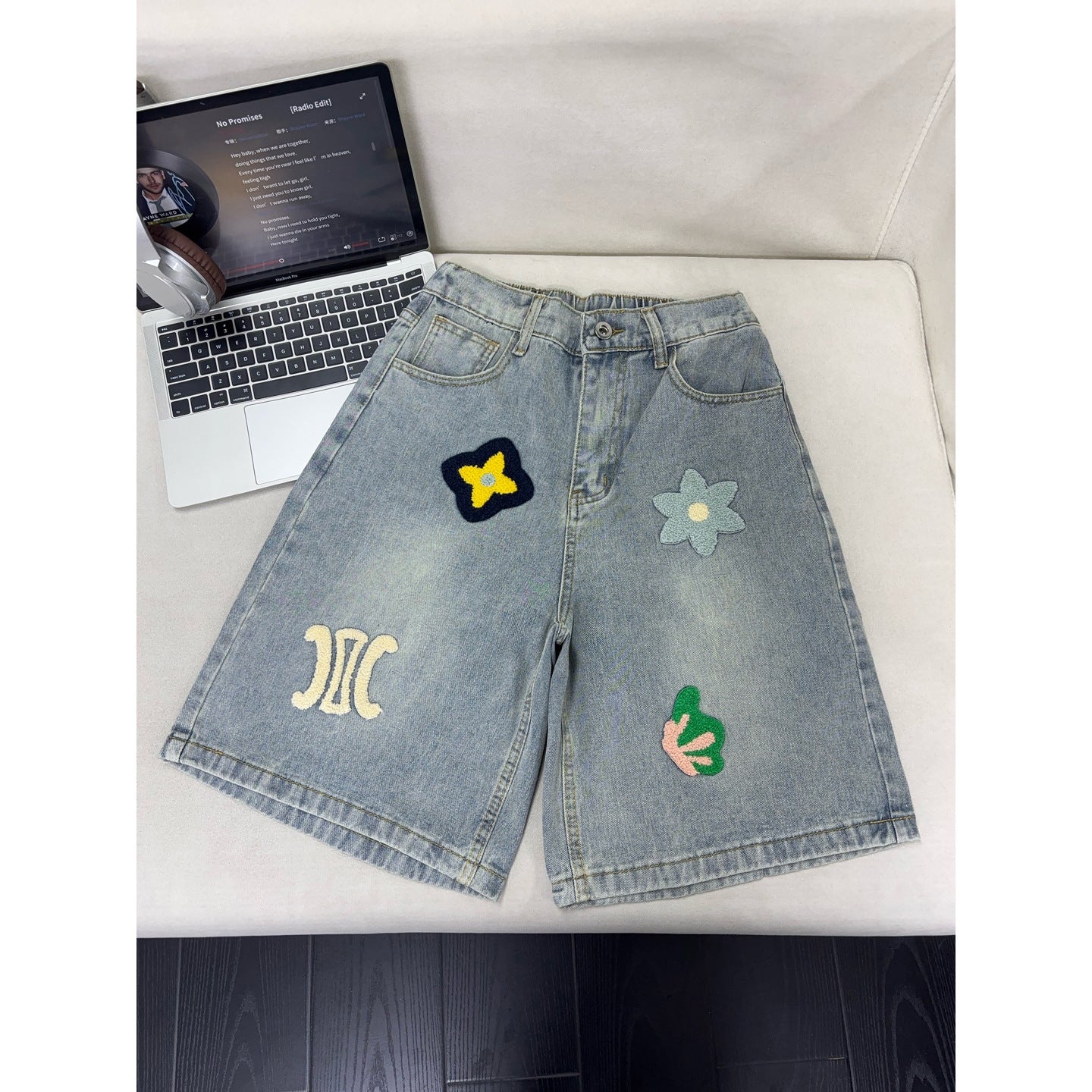 Floral Embroidery Denim Shorts for Men