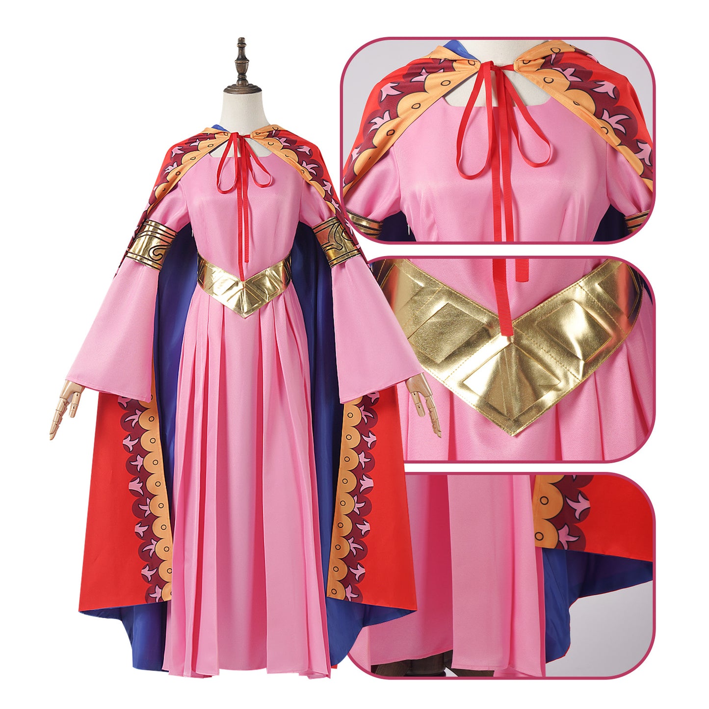One Piece Cosplay Princess Vivi Pink Dress with Red and Blue Cape Costume Role Play Stage Performance Outfit
