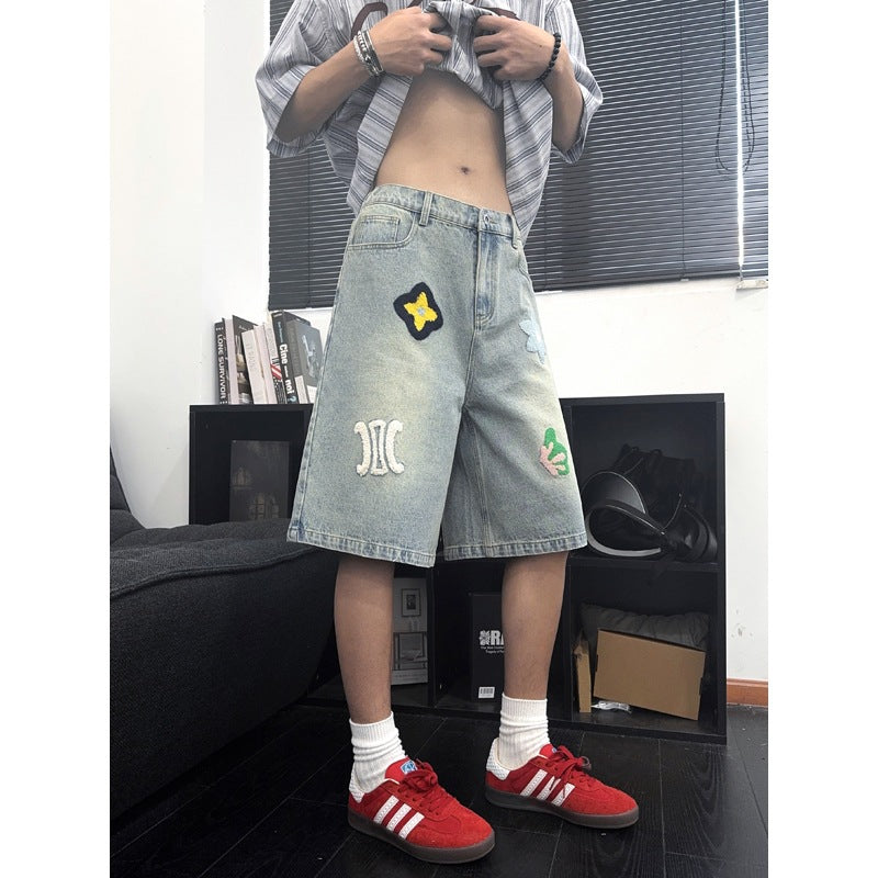 Floral Embroidery Denim Shorts for Men