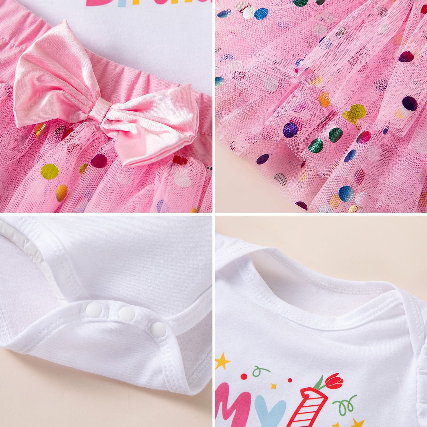 Baby Girl's First Birthday Dress Set, Pink Sequin Romper with Skirt, Formal Outfit for Celebration and Photo Shoot