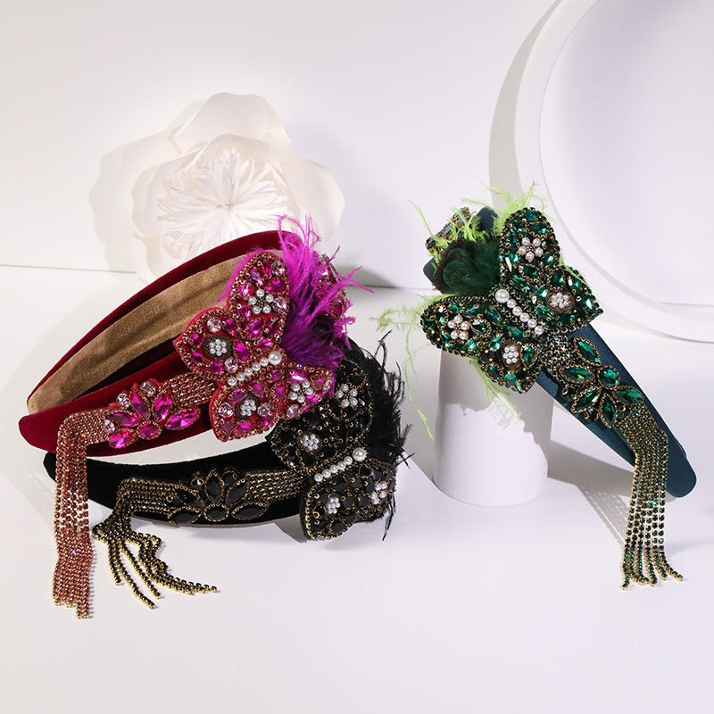 Butterfly rhinestone tassel feather headband headband