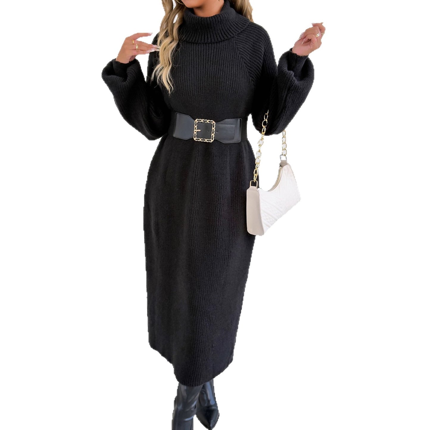 Lady's Dress Women's Clothing Loose Casual Long Dress High Neck Turn-down Collar Sweater Dress Without Belt